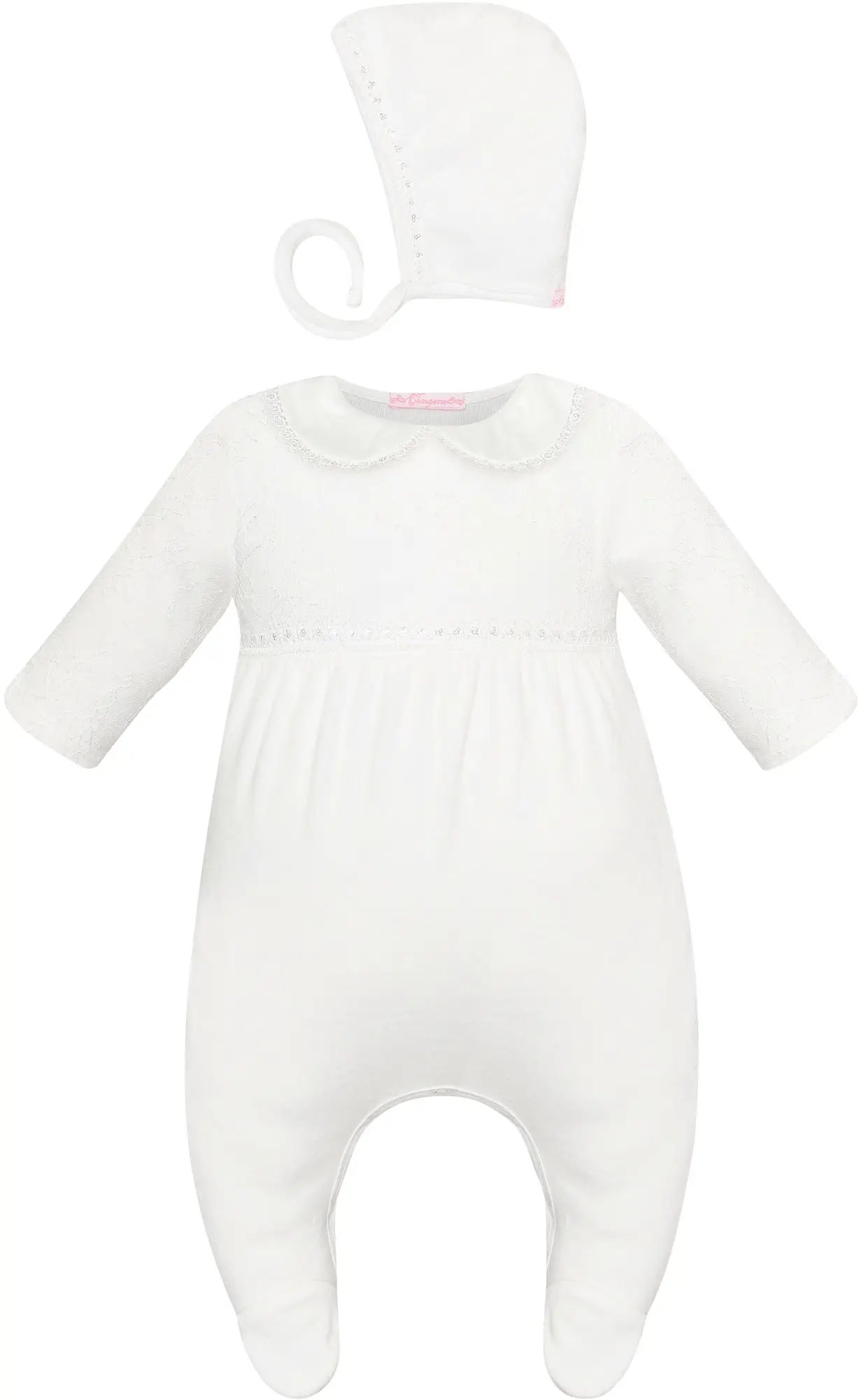 Комплект Choupette нарядный Церемония платье-комбинезон и чепчик, велюровый с кружевом, экрю 62