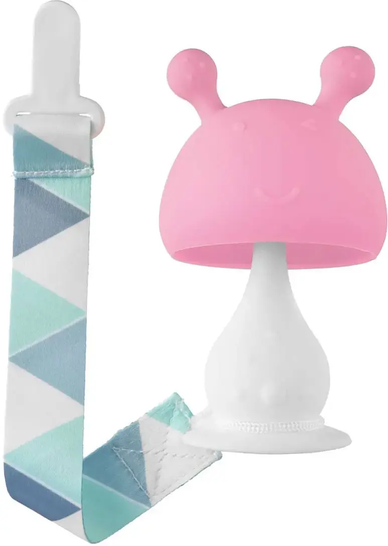 Прорезыватель силиконовый  Грибочек  Roxy Kids с держателем, в футляре, розовый