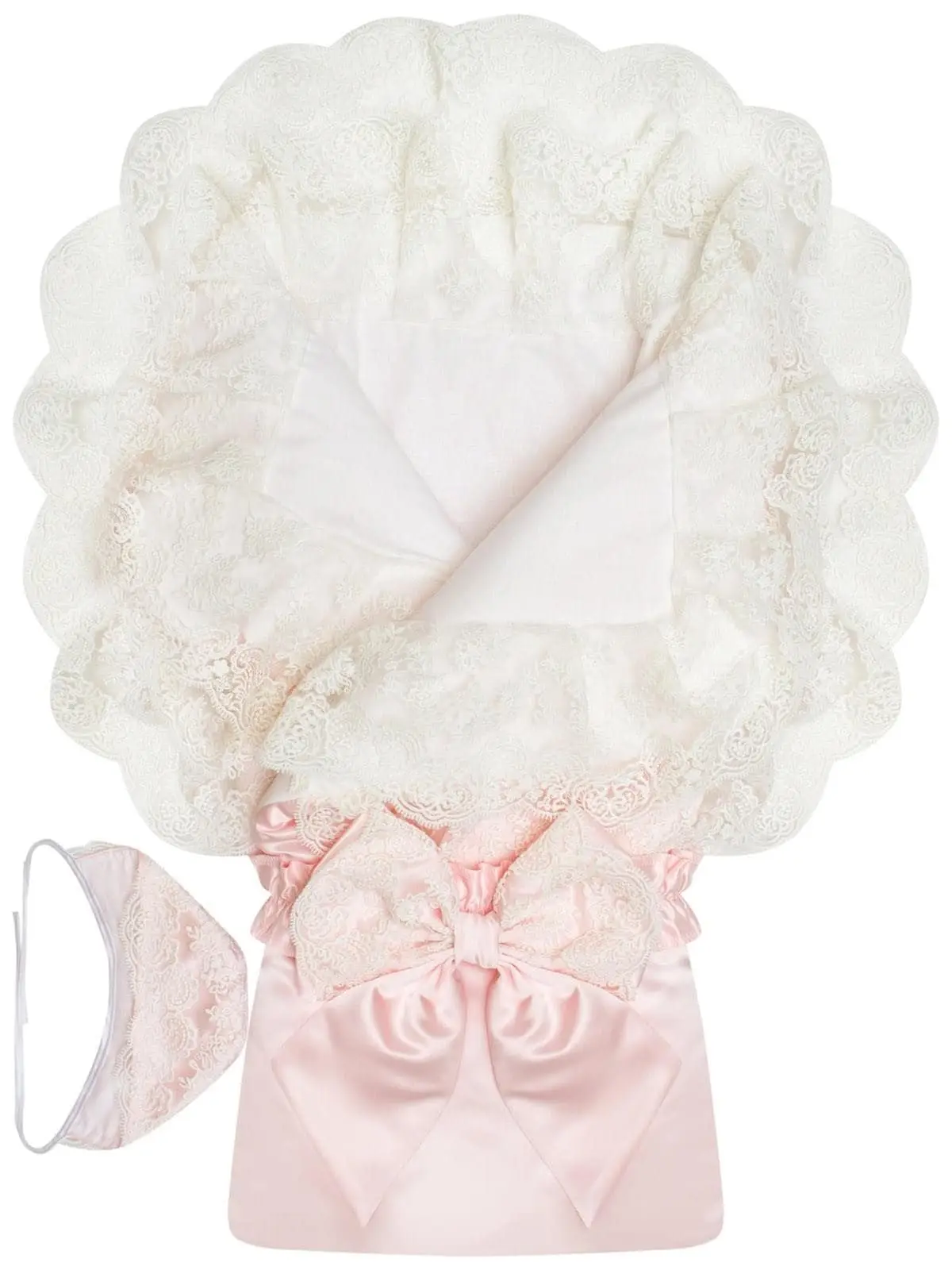 Летний конверт-одеяло на выписку Luxury Baby Милан атлас нежно-розовый с белым кружевом