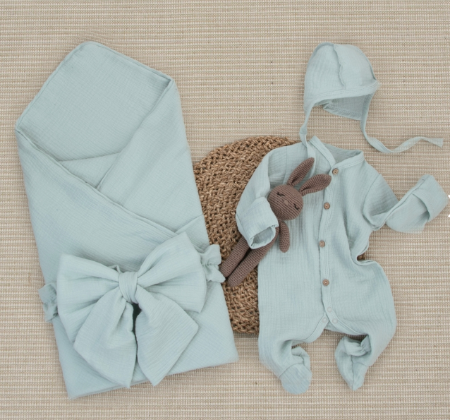 Фотография товара Комплект на выписку 4 предмета "Муслин.Плед", полынь, лето (р. 16 (рост 50-56 см))