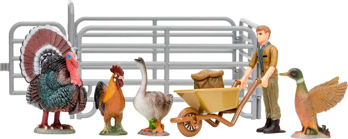 Игрушки фигурки в наборе серии На ферме Masai Mara, 8 предметов, фермер, индюк, петух, гусь, утка, ограждение