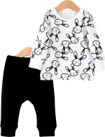 Фотография товара Комплект детский Baby boom, р. 68, лонгслив, шапка с зайцами на белом, брюки чёрные