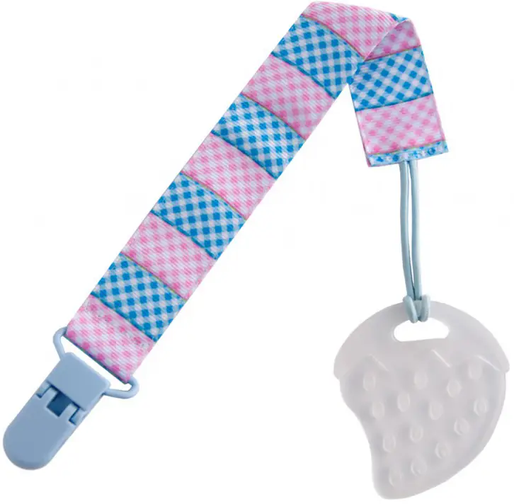 Прорезыватель на держателе Roxy Kids Клубничка, голубой-розовый, клеточка
