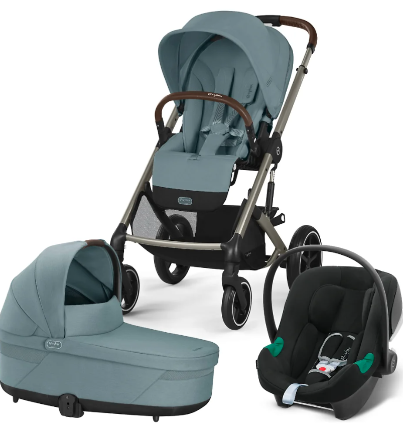 Фотография товара Детская коляска Cybex Balios S Lux TPE 3 в 1 цвет Stormy Blue в комплекте со спальным блоком Cot S, автокреслом Aton B2 i-Size, дождевиками и адаптерами 2шт