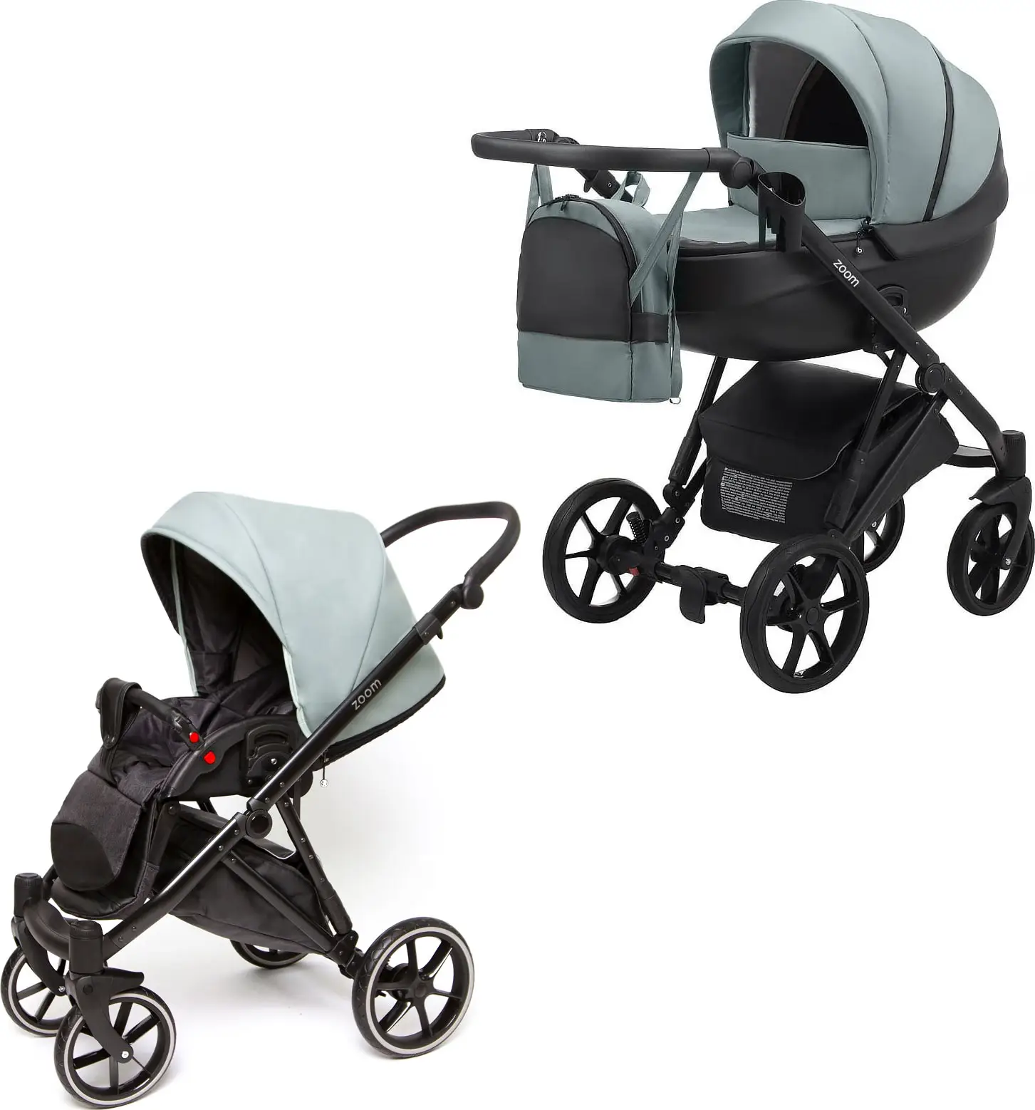 Коляска детская Peppy Zoom 2 в 1 черная экокожа, мятная ткань