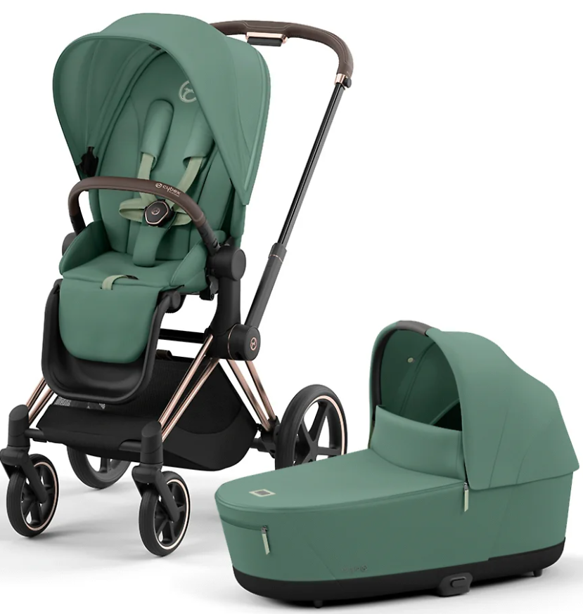 Детская коляска Cybex Priam IV Rosegold 2 в 1 цвет Leaf Green в комплекте со спальным блоком Lux Carry Cot