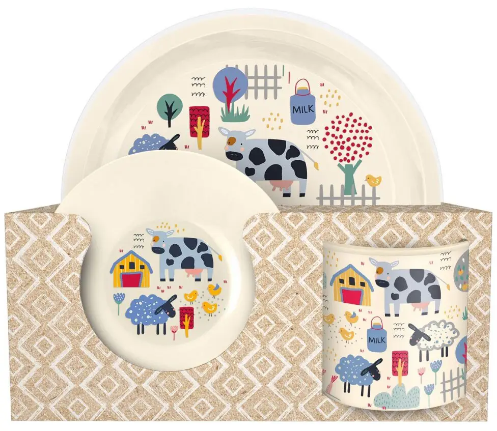 Набор посуды с декором ферма. Тарелка 215 мм, миска 130 мм, кружка 280 мл. Светло-бежевая, Little Angel 