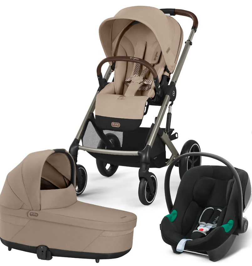 Фотография товара Детская коляска Cybex Balios S Lux TPE 3 в 1 цвет Almond Beige в комплекте со спальным блоком Cot S, автокреслом Aton B2 i-Size, дождевиками и адаптерами 2шт