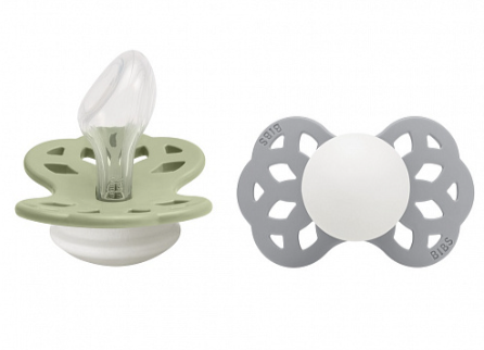 Фотография товара Набор пустышек силиконовых ночных BIBS Infinity Glow Anatomical, 2 шт. - Sage/Cloud, 6+ мес.