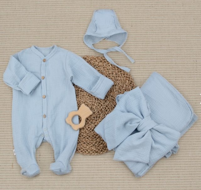 Фотография товара Комплект на выписку 4 предмета "Муслин.Плед", голубой, лето (р. 16 (рост 50-56 см))