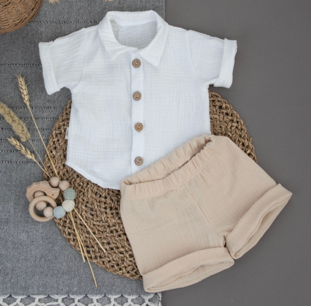 Фотография товара Комплект летний с коротким рукавом для мальчика "Муслин", крем-брюле, лето (р. 22 (рост 68-74 см))