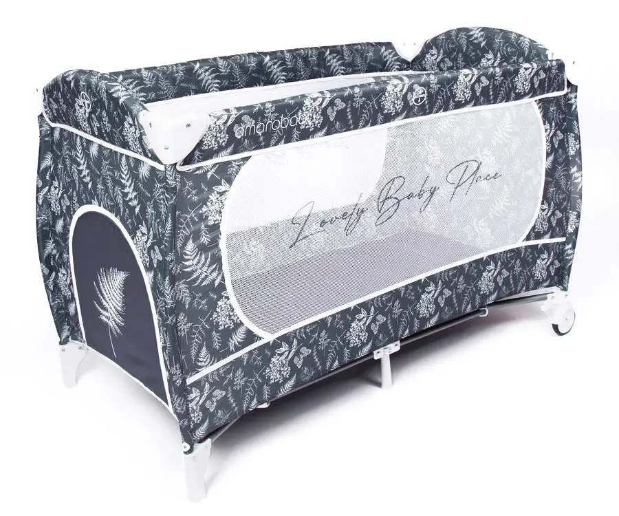 Манеж-кровать Amarobaby Happy Place Leaves, прямоугольный, серый