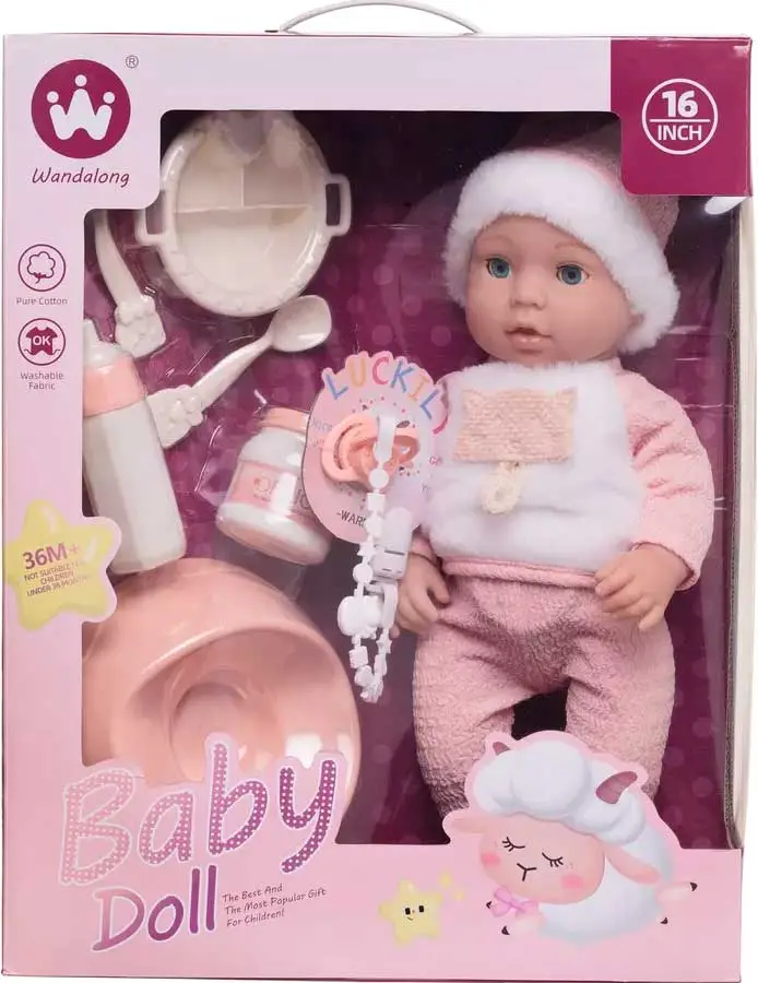 Junfa Пупс-кукла 40 см в розово-белом комбинезоне в наборе с игровыми предметами