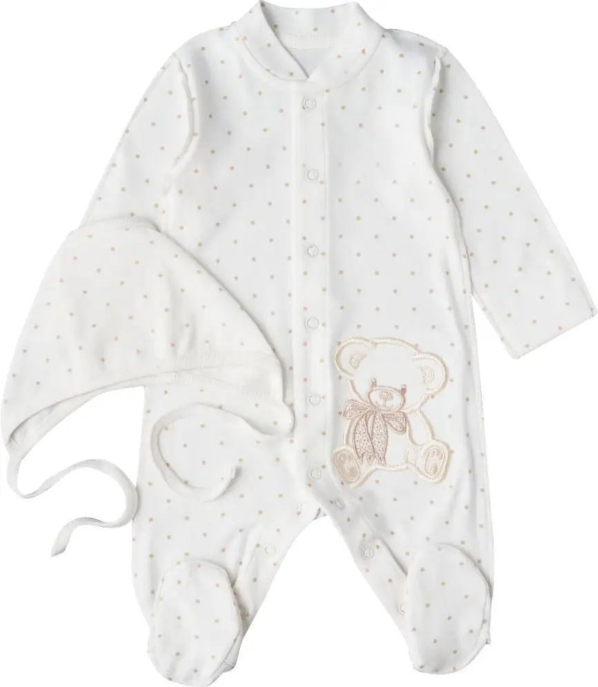 Комбинезон с чепчиком Мишка бант на бежевых горошках Little Star, р. 62, интерлок, крем