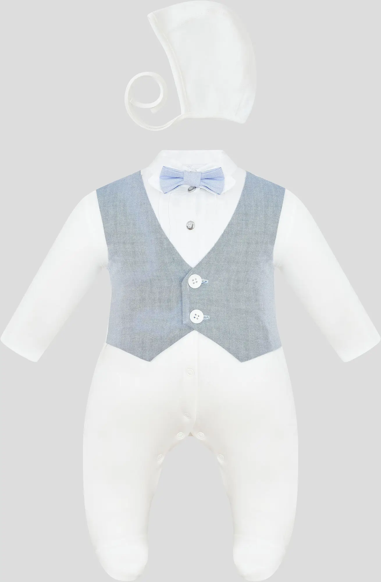 Комплект Choupette нарядный с декоративным жилетом и бабочкой, комбинезон, чепчик, экрю-голубой 62