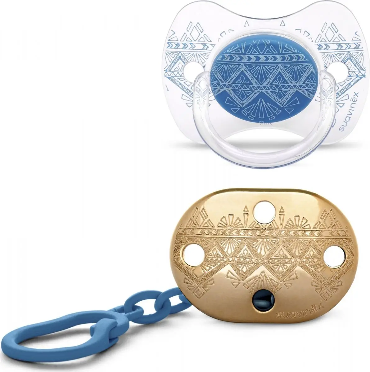 Набор Пустышка с силиконовой физиологической соской и держатель Suavinex Haute Couture New 4м+ синий