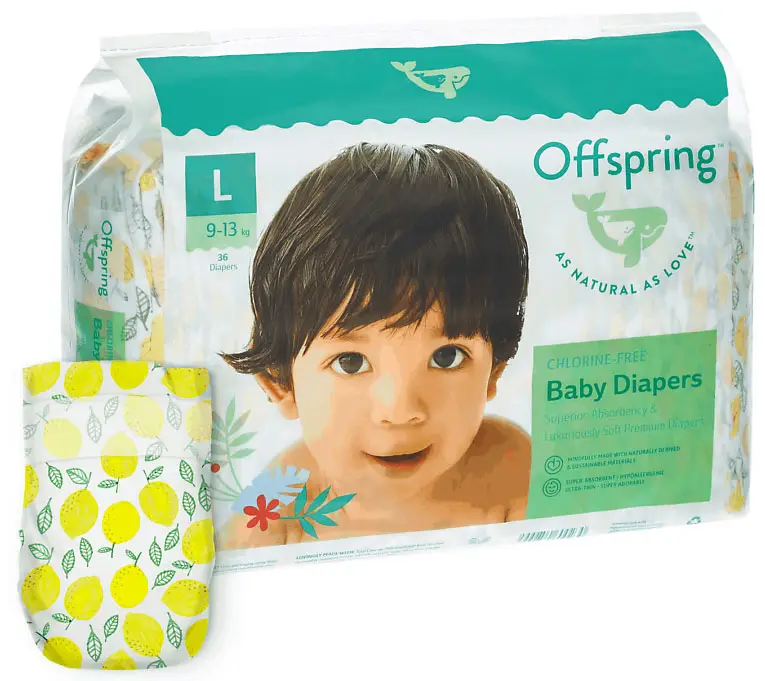 Подгузники Offspring, L 9-13 кг, 36 шт,  расцветка Лимоны