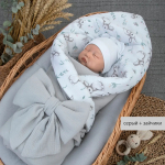 Фотография товара Одеяло-конверт на выписку Муслин №3 KiDi kids с бантом на резинке, 90х90 см, серый-зайчики