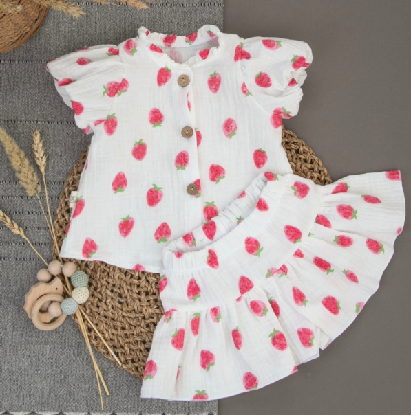 Фотография товара Комплект блузка+шорты "Муслин", клубники, лето (р. 24 (рост 74-80см))