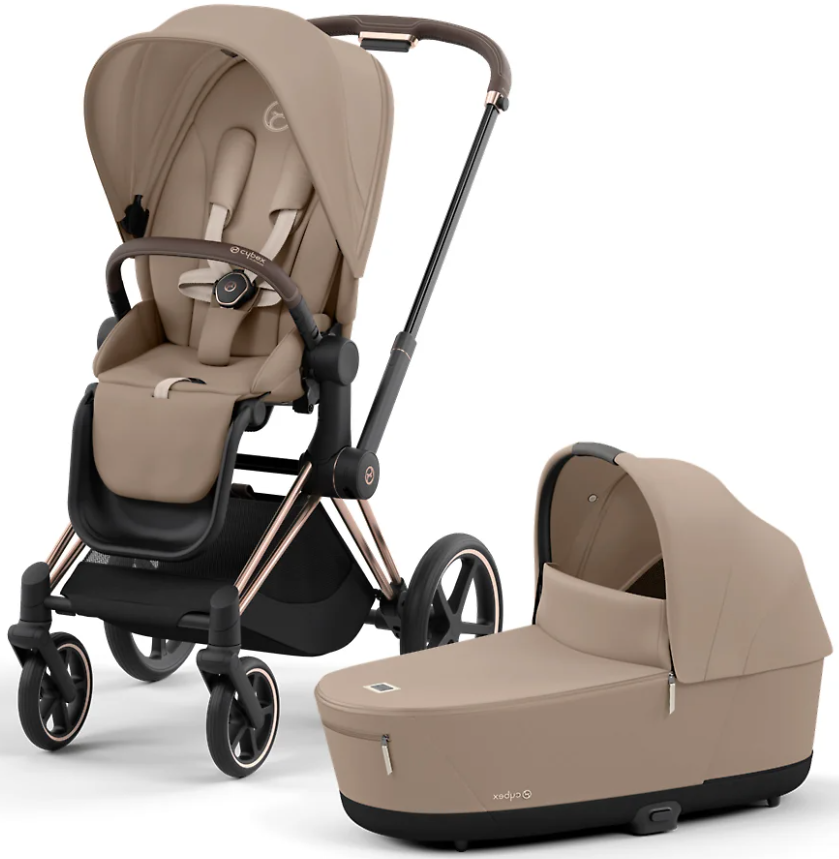 Детская коляска Cybex Priam IV Rosegold 2 в 1 цвет Cozy Beige в комплекте со спальным блоком Lux Carry Cot