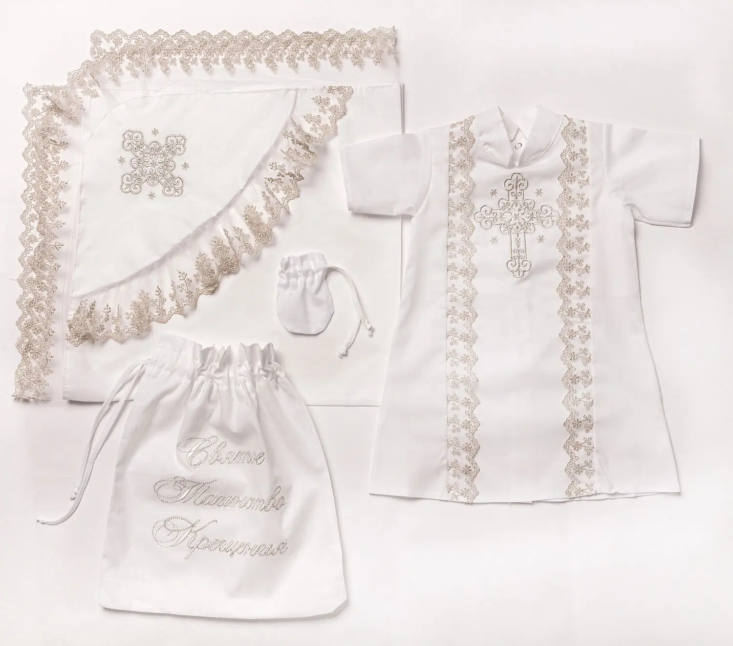 Комплект крестильный Осьминожка для мальчика 4 предмета платина 62