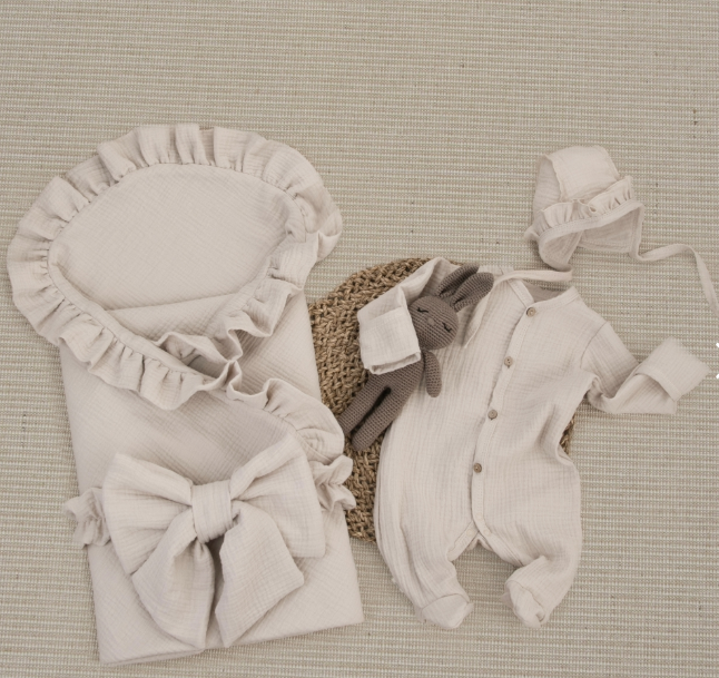 Фотография товара Комплект на выписку 4 предмета "Муслин.Плед", бежевый, лето (р. 16 (рост 50-56 см))