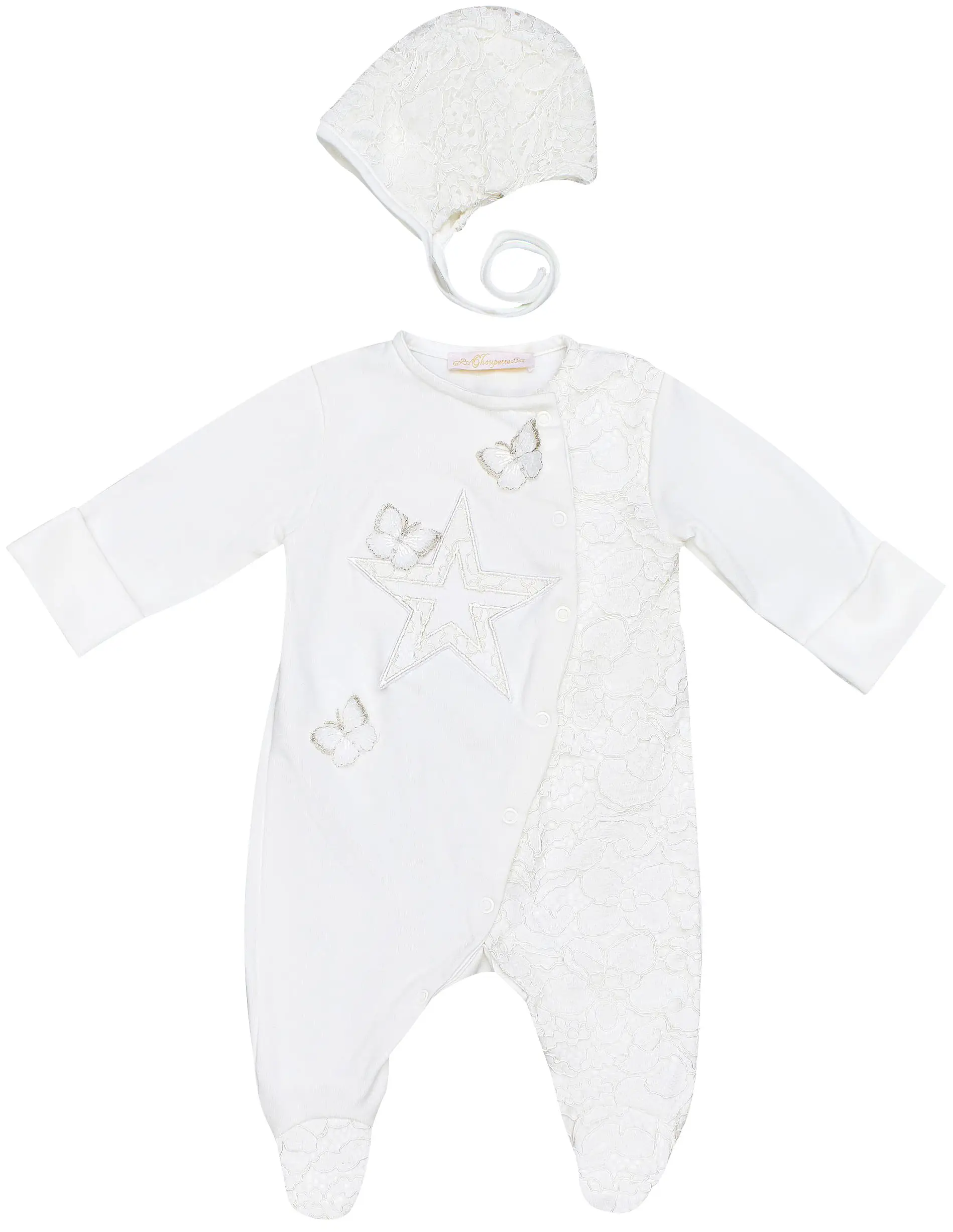 Нарядный комбинезон и чепчик Choupette Церемония 56 экрю с декорами и стразами