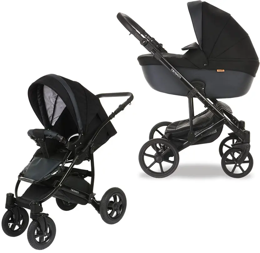 Коляска Pituso Confort (2 в 1) короб+прогулка, чёрный + кожа тёмный графит