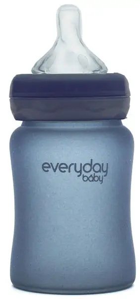 Стеклянная бутылочка с индикатором температуры и защитным силиконовым покрытием Everyday Baby черничный 150 мл
