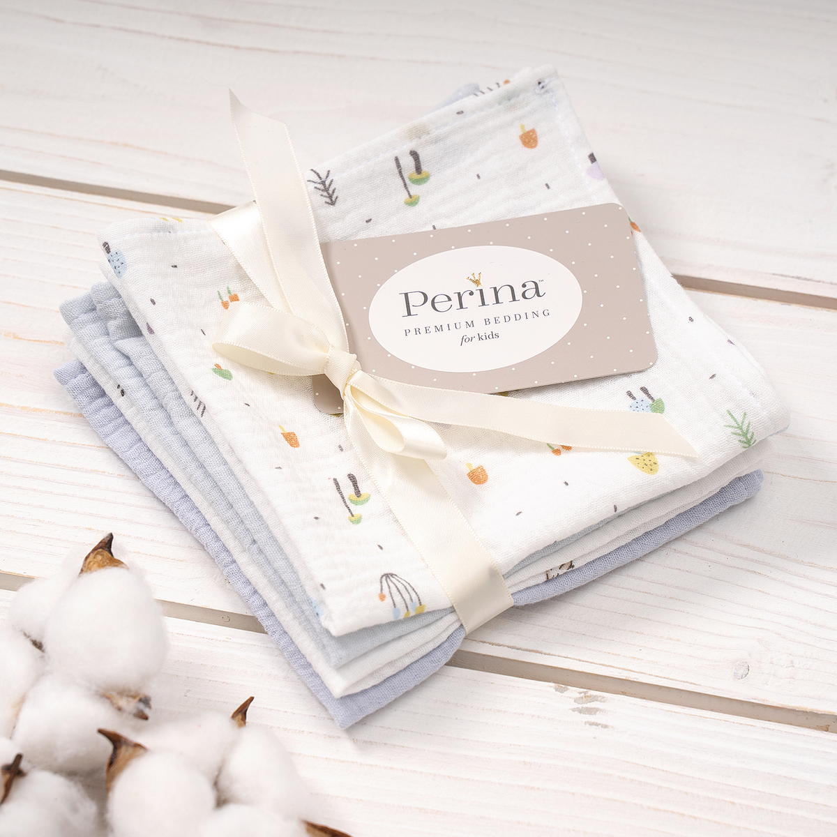 Комплект муслиновых платочков-салфеток Голубой микс (4 шт) т.з.Perina