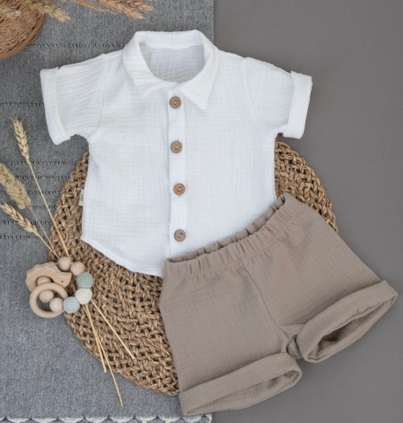 Фотография товара Комплект летний с коротким рукавом для мальчика "Муслин", капучиино, лето (р. 24 (рост 74-80см))