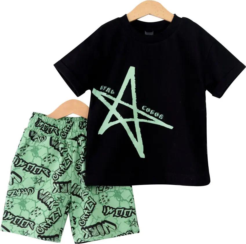 Детский комплект, чёрная футболка, зелёные шорты с надписью, р. 104, КД406/4-Ф
