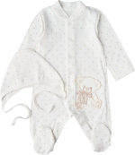 Фотография товара Комбинезон с чепчиком Мишка бант на бежевых горошках Little Star, р. 74, интерлок, крем