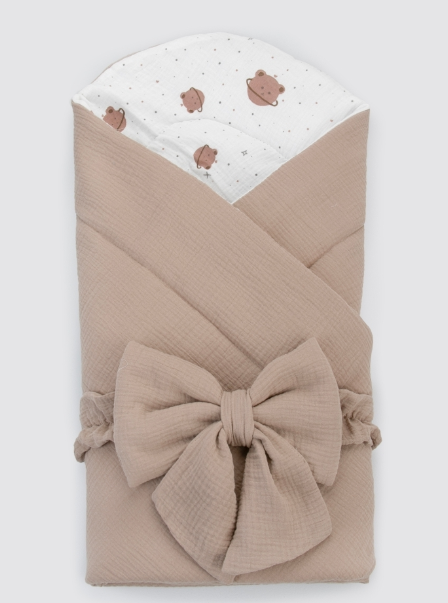 Фотография товара Одеяло-конверт  на выписку 90х90 «Муслин №5», с бантом на резинке летнее (капучино+медвежонок)