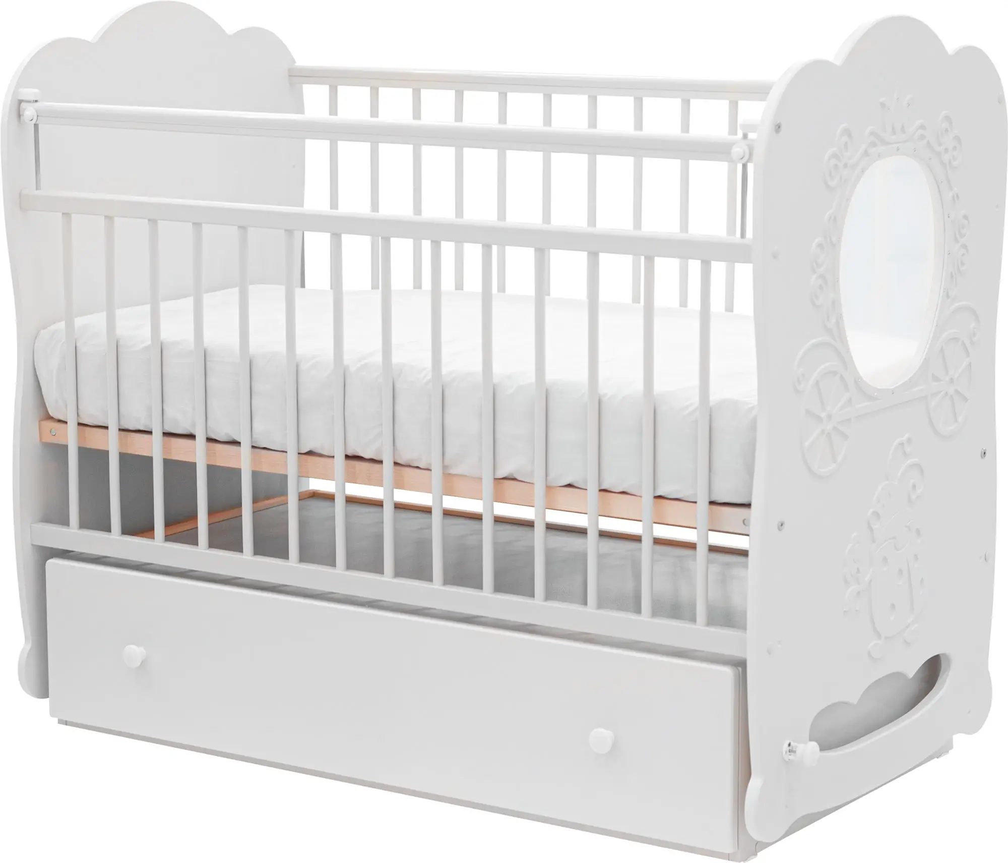 Кровать детская Островок уюта Карета маятник поперечный с ящиком, белый