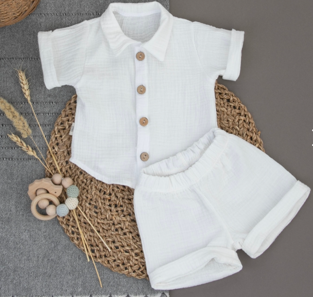 Фотография товара Комплект летний с коротким рукавом для мальчика "Муслин", молоко, лето (р. 18 (рост 56-62 см))