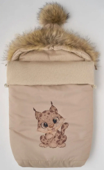 Фотография товара Конверт-Кокон Little Star на 2-х молниях "Рысенок" с натуральной опушкой и помпоном, бежевый