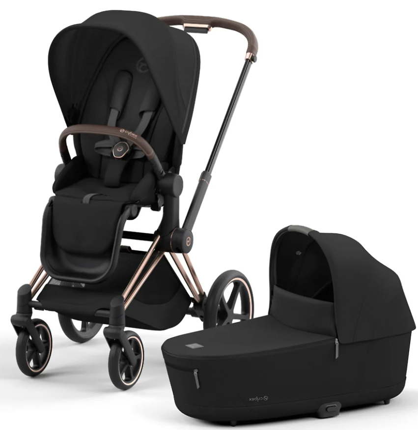 Детская коляска Cybex Priam IV Rosegold 2 в 1 цвет Sepia Black в комплекте со спальным блоком Lux Carry Cot
