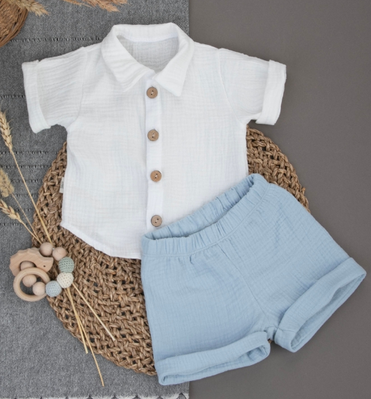 Фотография товара Комплект летний с коротким рукавом для мальчика "Муслин", голубой, лето (р. 24 (рост 74-80см))