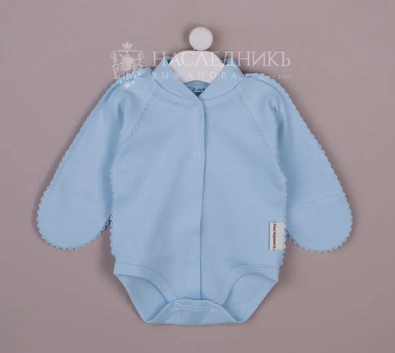 Боди длинный рукав с нецарапками Наследник Выжанова органик интерлок однотонный вышивка голубой 56