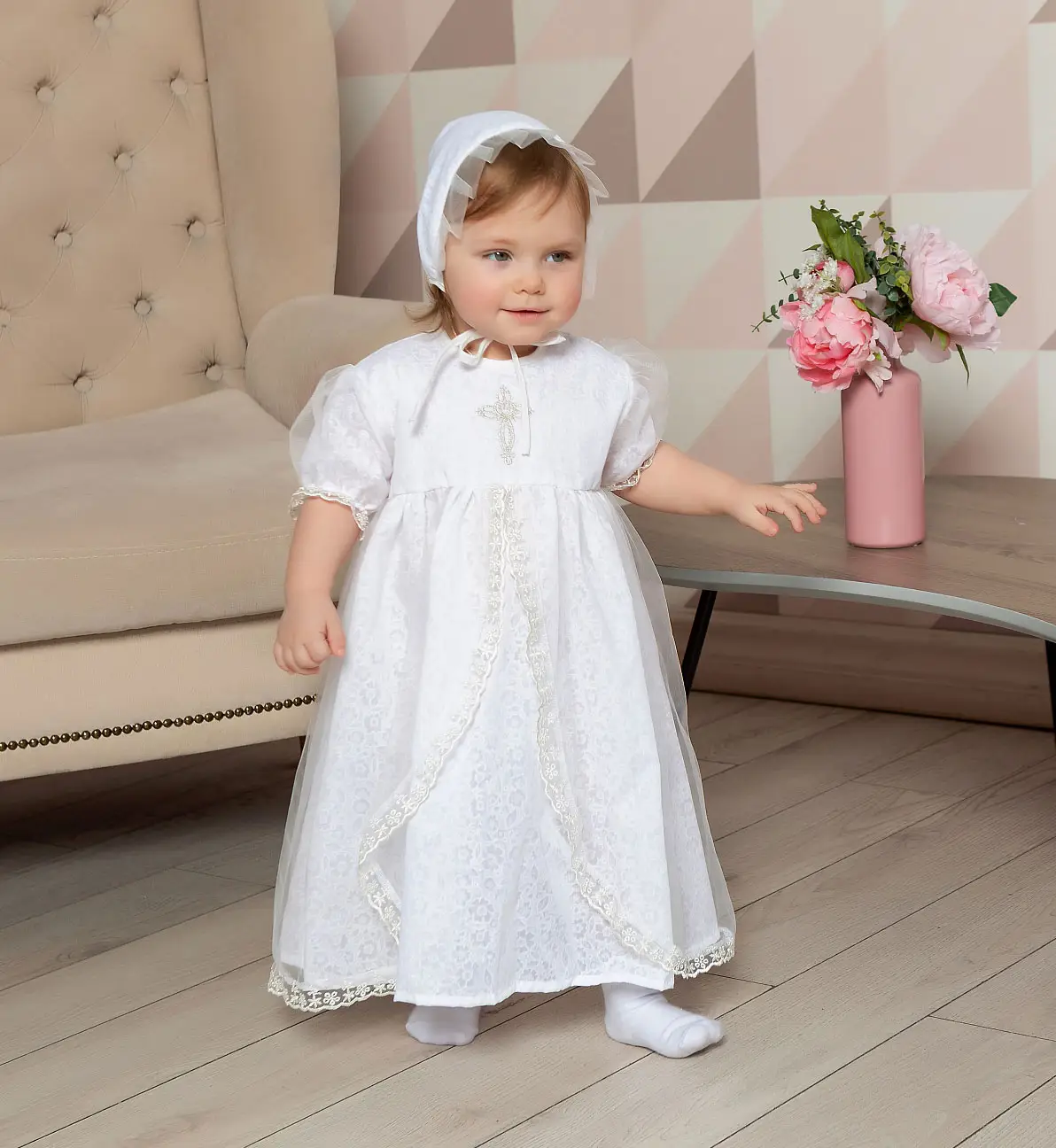 Комплект крестильный Осьминожка для девочки 4 предмета молочный 74