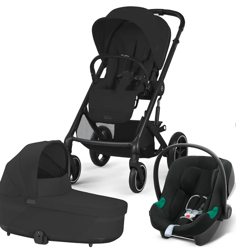 Фотография товара Детская коляска Cybex Balios S Lux BLK 3 в 1 цвет Moon Black в комплекте со спальным блоком Cot S, автокреслом Aton B2 i-Size, дождевиками и адаптерами 2шт