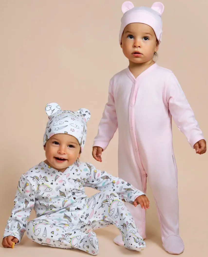 Комплект комбинезонов (слипов) детских с шапочкой Amarobaby Nature, розовый/единороги, р.68-74