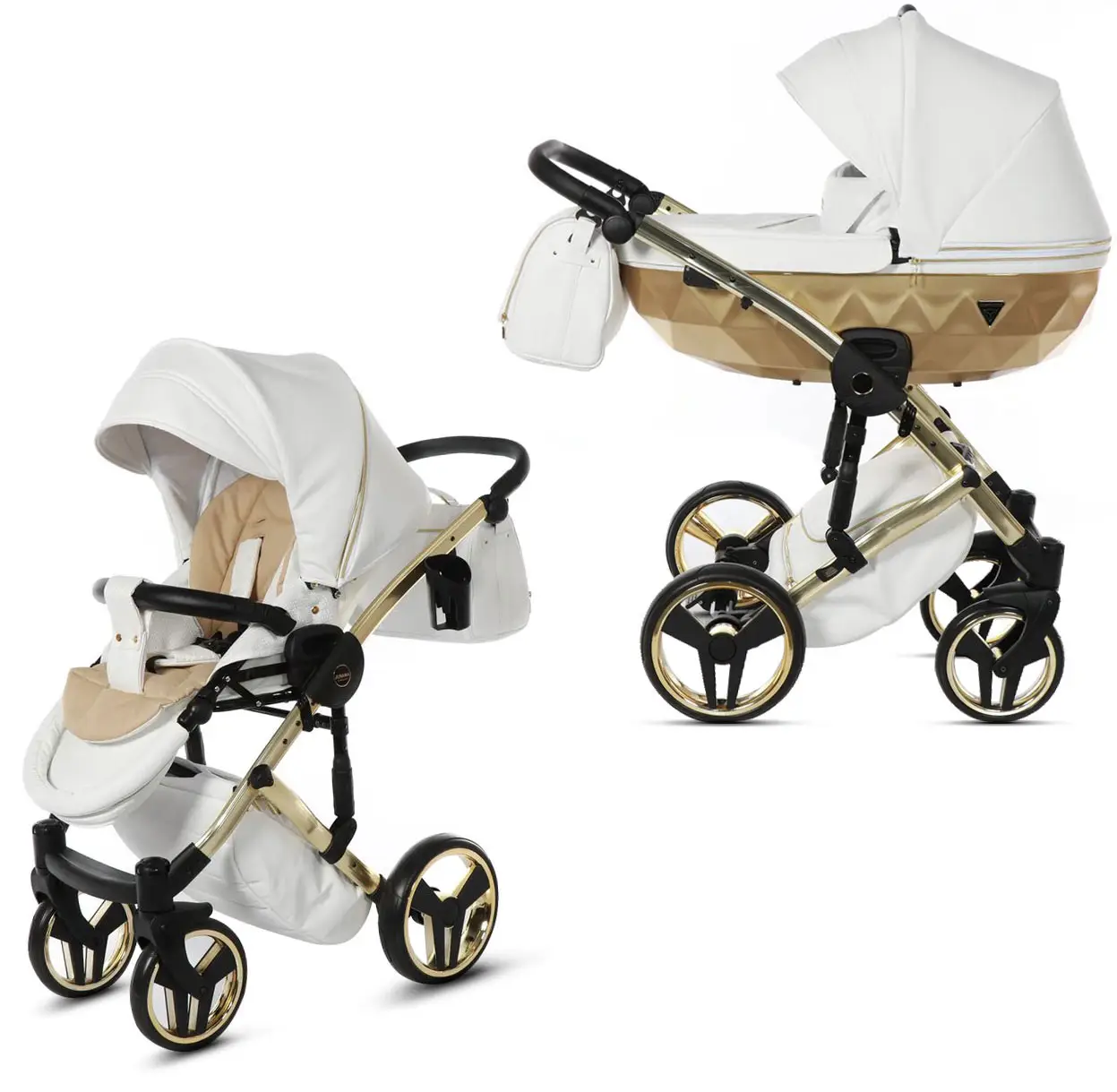 Коляска Junama Mirror Satin 2 в 1 белый, короб и рама матовое золото