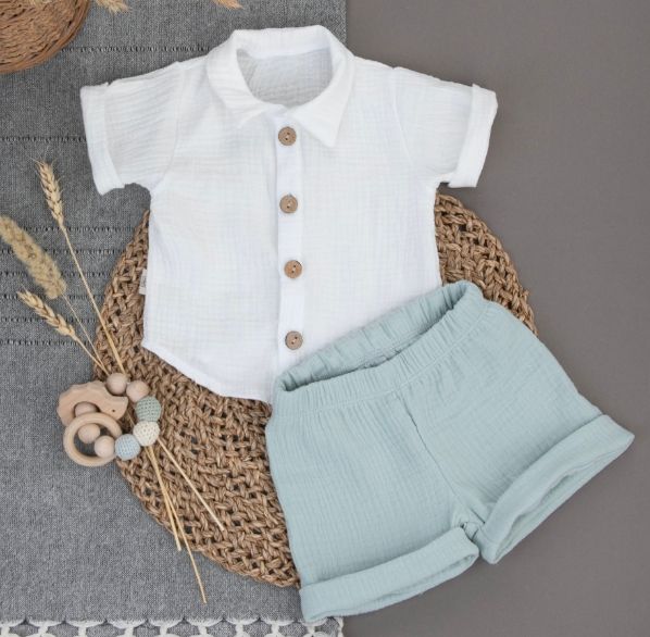 Фотография товара Комплект летний с коротким рукавом для мальчика "Муслин", полынь, лето (р. 20 (рост 62-68 см))