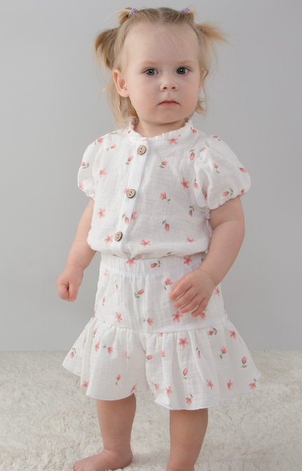 Фотография товара Комплект блузка+шорты "Муслин", тюльпанчики, лето (р. 22 (рост 68-74 см))