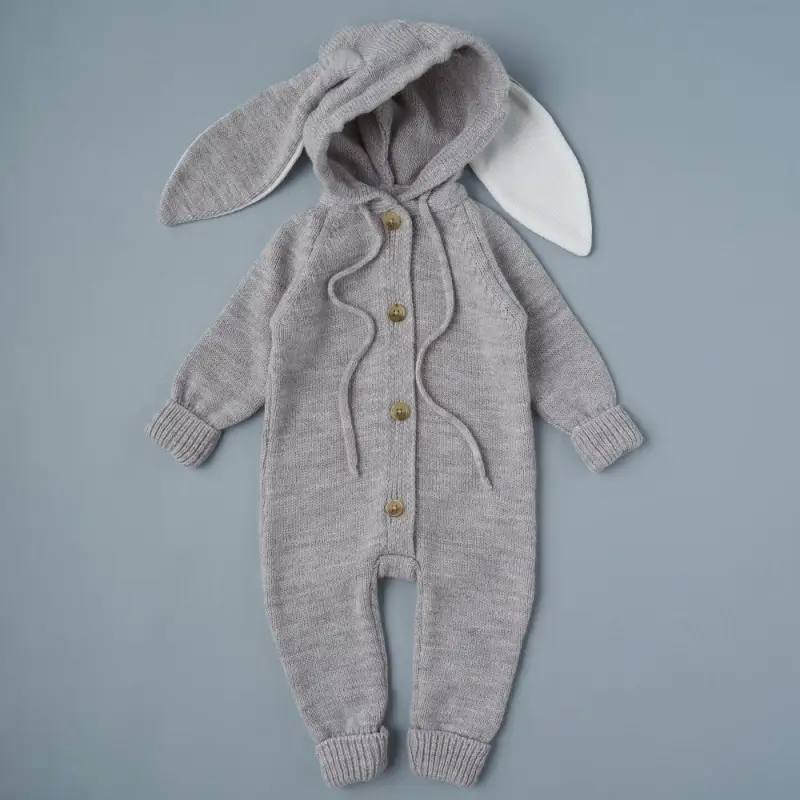 Комбинезон с капюшоном вязаный Little Star Зайка мериносовая пряжа, серый 68