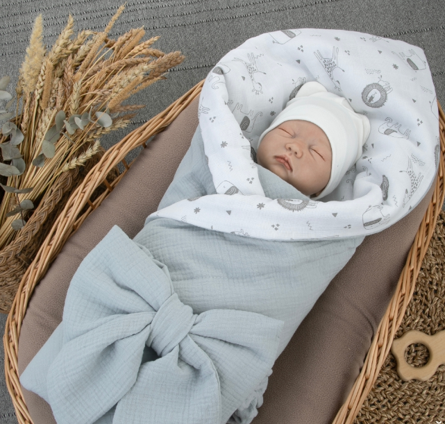 Фотография товара Одеяло-конверт  на выписку 90х90 «Муслин №6», с бантом на резинке летнее (серый+африка)