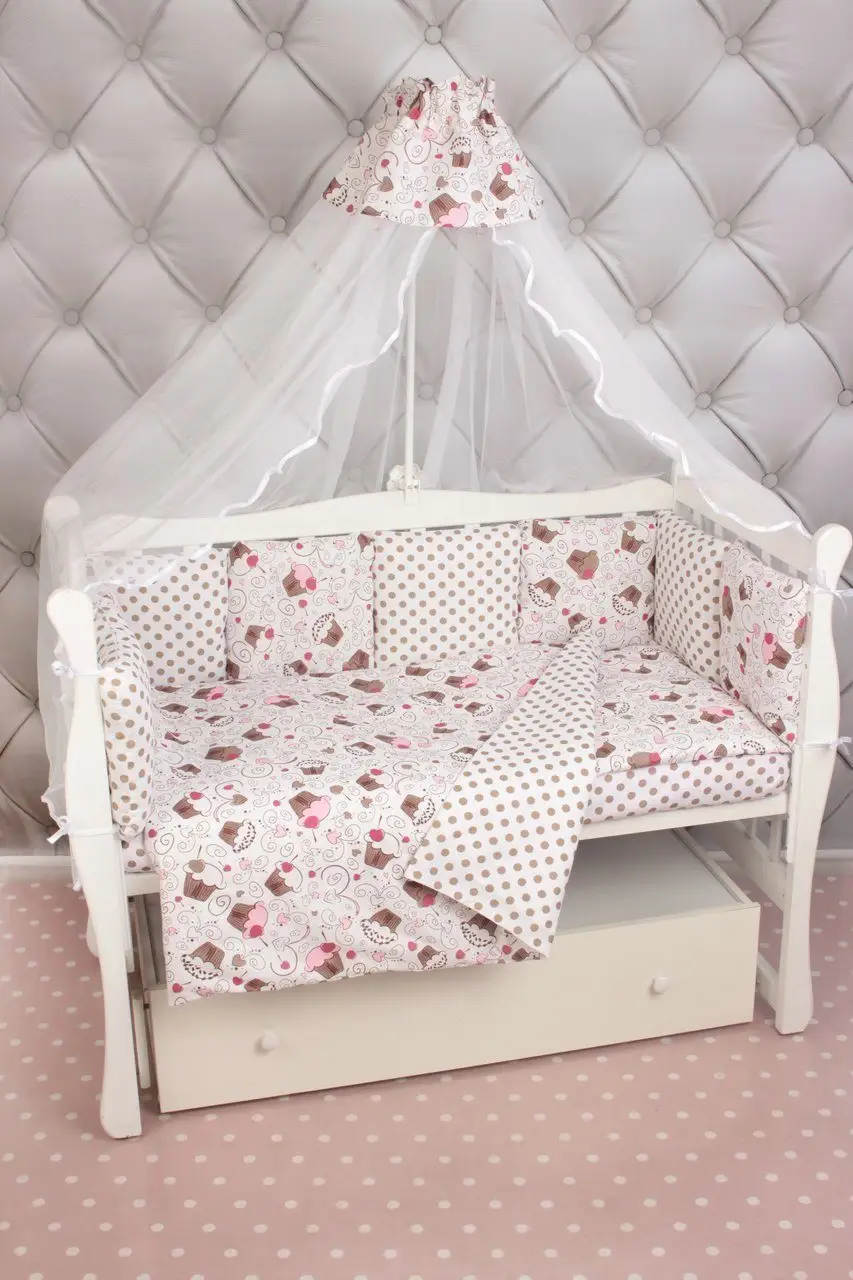 Комплект Premium в кроватку 19 предметов (7+12 бортиков) AmaroBaby Десерт розовый, бязь