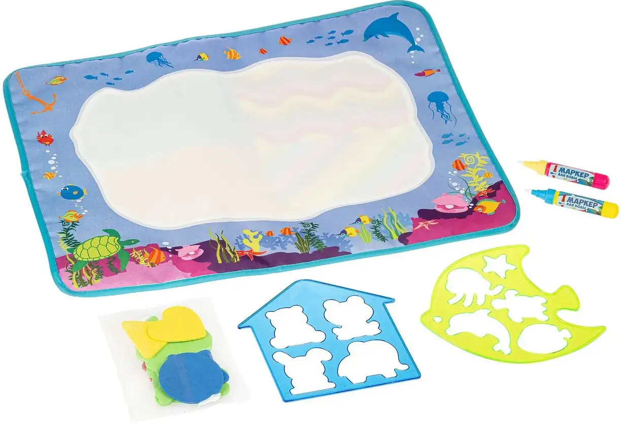 Коврик водная многоразовая раскраска Bondibon с трафаретами, Подводный мир, 2 ручки